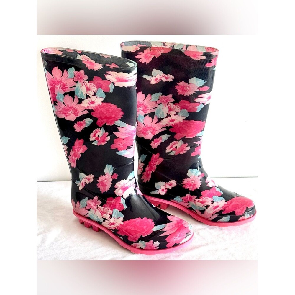 Girls Floral Rain Boots Size 13 Navy Blue Pink Aqua Tall Rubber Waterproof